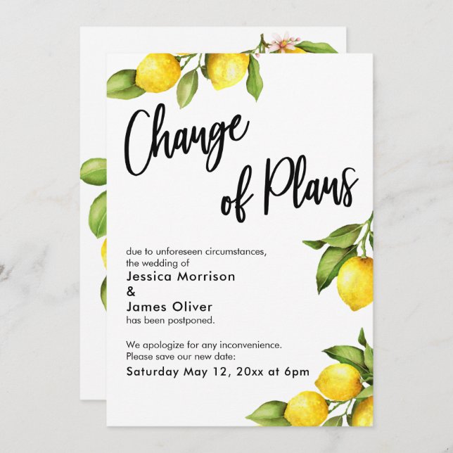 Lemons Change of Plans Postponed Wedding Card (Front/Back)