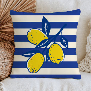Lemons Citrus Fruit Blue Stripes Mediterranean Throw Pillow