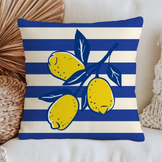 Lemons Citrus Fruit Blue Stripes Mediterranean Throw Pillow