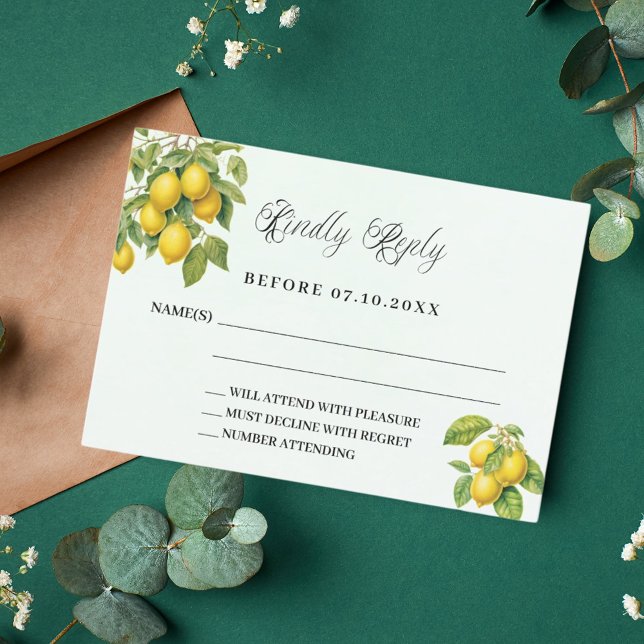 Lemons citrus greenery wedding response RSVP card (Creator Uploaded)