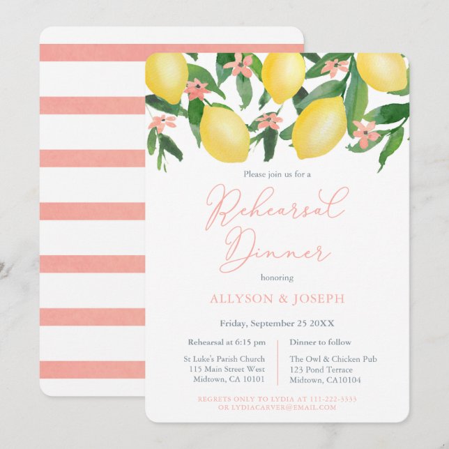 Lemons Citrus Pink Wedding Rehearsal and Dinner Invitation (Front/Back)