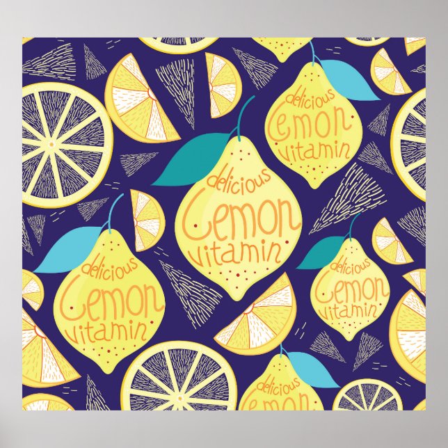 Lemons Cloves: Dark Blue Bright Pattern Poster (Front)