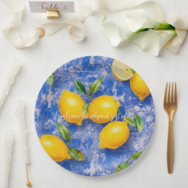 Lemons Dancing on Blue Antique Tiles  Paper Plate (Wedding)