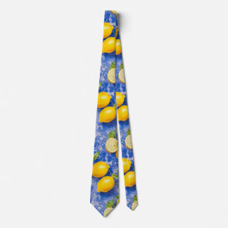 Lemons Dancing on Blue Antique Tiles  Tie