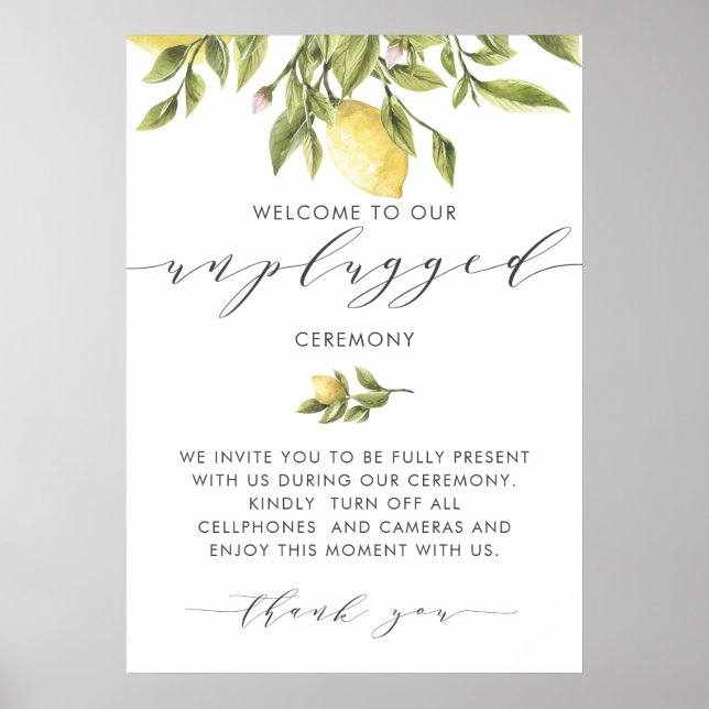 Lemons Elegant  Calligraphy Unplugged Ceremony Poster (Front)