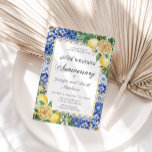 Lemons Floral Blue Tiles 50th Wedding Anniversary Invitation<br><div class="desc">This modern summery wedding anniversary invitation card features a gold rectangle frame adorned by watercolor lemons, yellow blooms and green foliage. Designed to match our Lemon Mediterranean collection. Personalize it with your details easily and quickly, simply press the customise it button to further re-arrange and format the style and placement...</div>