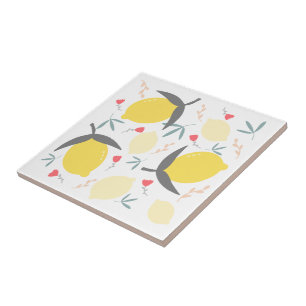 Lemons Floral Botanical Red Flowers Leaves Pattern Tile