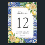 Lemons Floral Greenery Wedding Bridal Baby Shower Table Number<br><div class="desc">Designed to co-ordinate with our Lemon Mediterranean collection, this elegant table number card features beautiful watercolor lemons, yellow floral and greenery Personalize each card with a table number and your details, simply press the customise it button to further re-arrange and format the style and placement of the text. (c) The...</div>