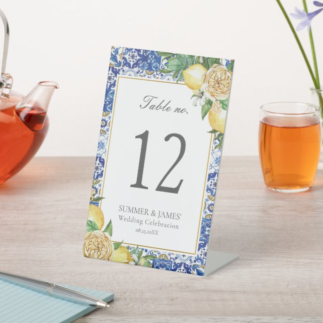 Lemons Floral Mosaic Wedding Bridal Table Number Pedestal Sign (In SItu)