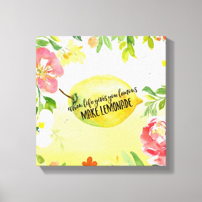 Lemons floral ombre watercolor inspirational quote canvas print (Front)