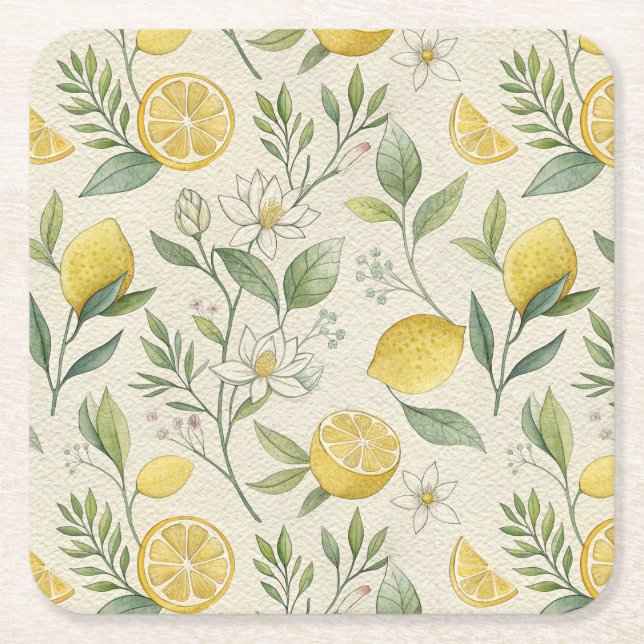 Lemons & Flowers Pattern Paper Coaster (Front)