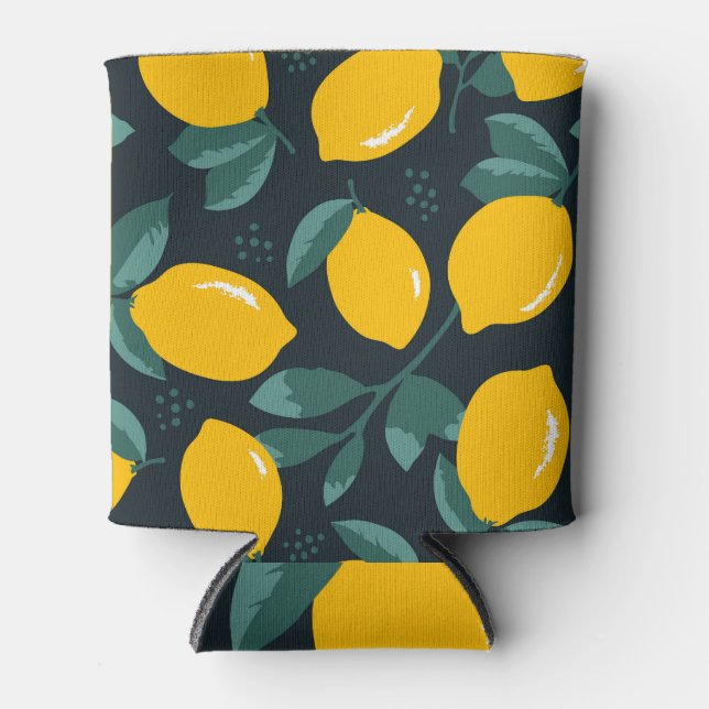 Lemons Flowers, Vintage Summer Texture. Can Cooler (Front)