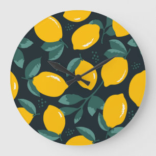 Lemons Flowers, Vintage Summer Texture. Large Clock