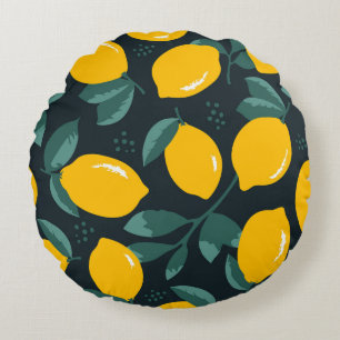 Lemons Flowers, Vintage Summer Texture. Round Pillow