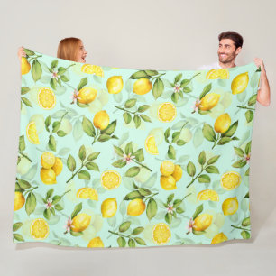 Lemons Fruit Watercolor Summer Fruit Pattern Mint Fleece Blanket