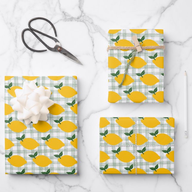 Lemons Gingham Cute CUSTOM Bridal Shower Birthday Wrapping Paper Sheet (Front)