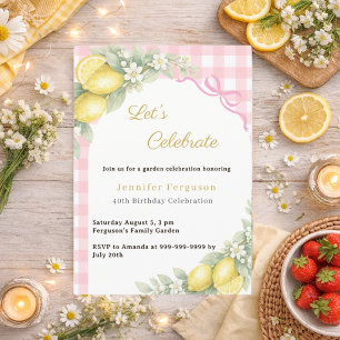 Lemons gingham pink bow summer garden tea birthday invitation