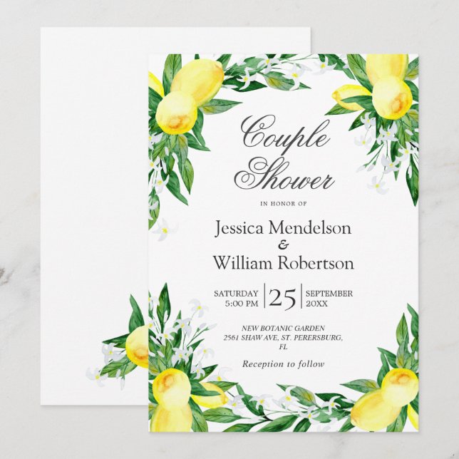 Lemons Greenery Blossom Couple Shower Invitation (Front/Back)