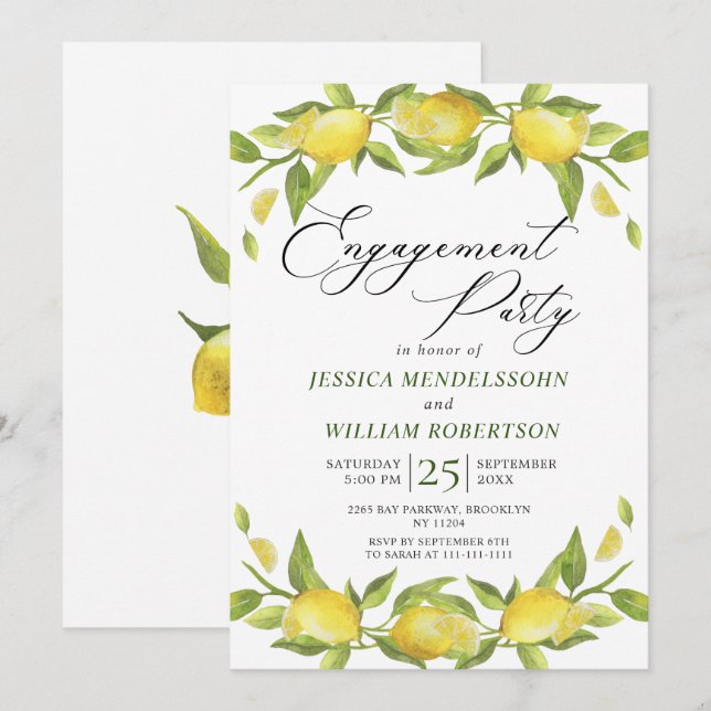 Lemons Greenery Blossom Engagement Party Invitation (Front/Back)