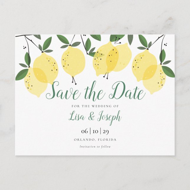 Lemons Greenery Elegant Save the Date Announcement Postcard (Front)