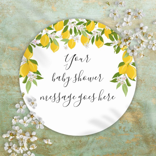 Lemons Greenery Floral Baby Shower Favour Classic Round Sticker (Lemons Greenery Floral Baby Shower Favor Classic Round Sticker)