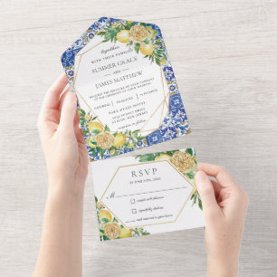 Lemons Greenery Floral Mosaic Tiles Wedding    All In One Invitation