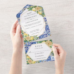 Lemons Greenery Floral Mosaic Tiles Wedding    All In One Invitation