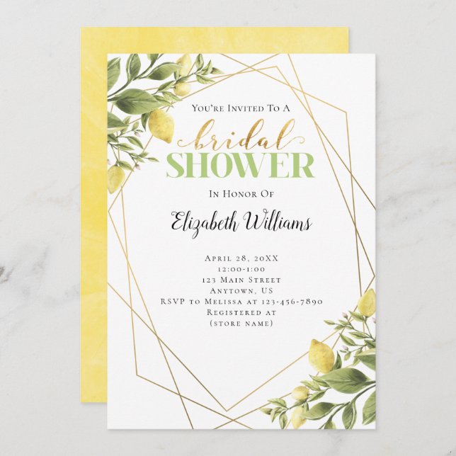 Lemons Greenery Geometric Frame Bridal Shower Invitation (Front/Back)