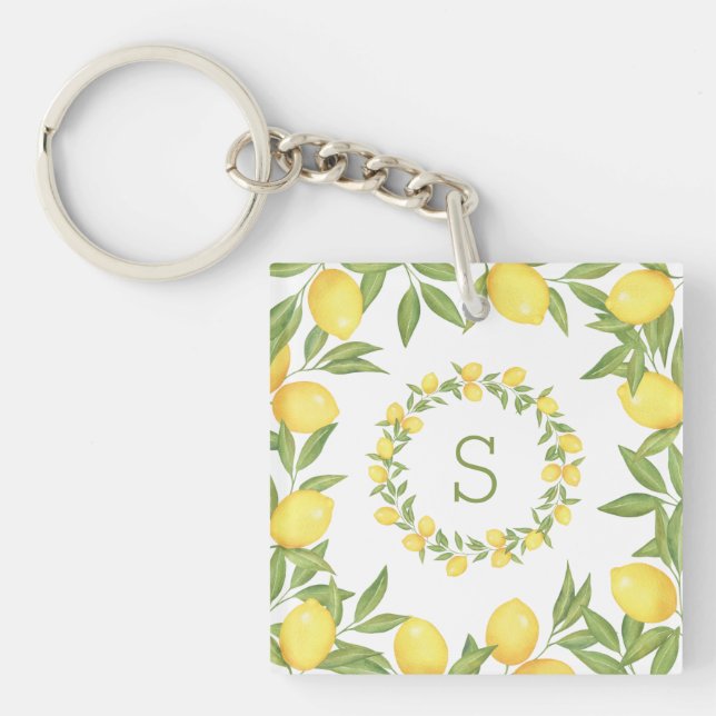 Lemons Greenery Monogram Elegant Keychain (Front)