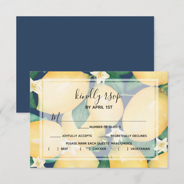 Lemons Greenery on Navy Blue RSVP Card (Front/Back)