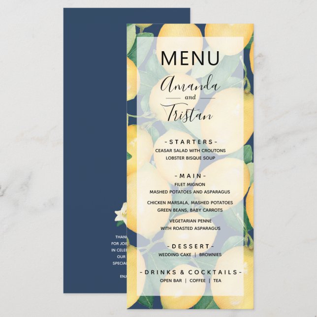 Lemons Greenery on Navy Blue Wedding Menu (Front/Back)