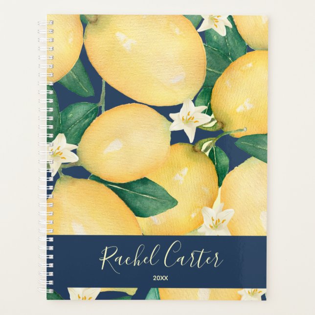 Lemons Greenery Personalized Navy Blue Planner (Front)
