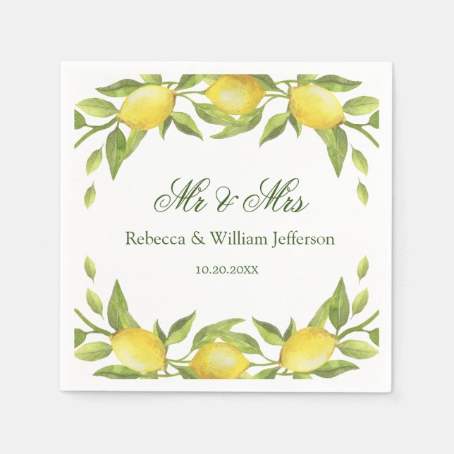 Lemons & Greenery Watercolor Wedding Paper Napkin (Front)