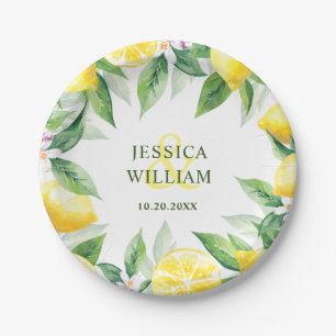 Lemons & Greenery Watercolor Wedding Personalized Paper Plate