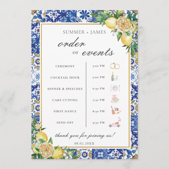 Lemons Greenery Wedding Order of Event Timeline  Program (Front)