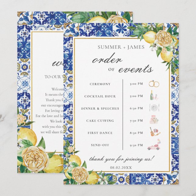 Lemons Greenery Wedding Order of Event Welcome  Program (Front/Back)