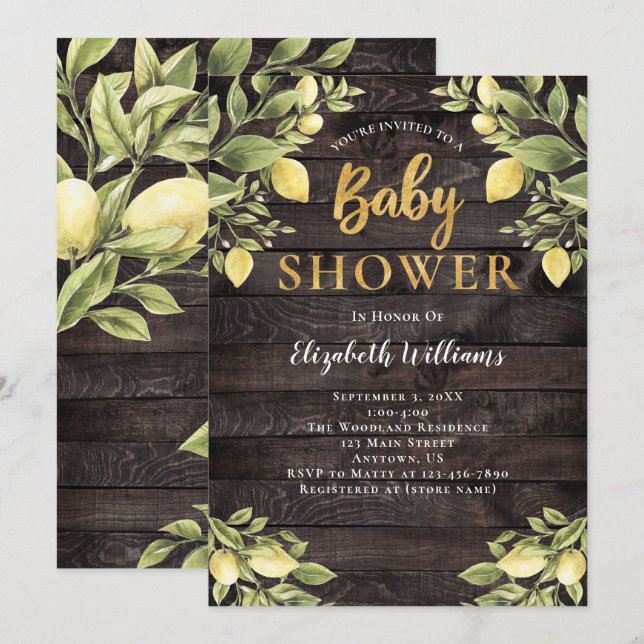 Lemons Greenery Wood Watercolor Baby Shower Invitation (Front/Back)