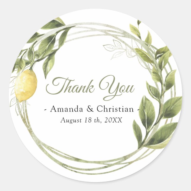 Lemons Greenery Wreath Wedding Thank You  Classic Round Sticker (Front)