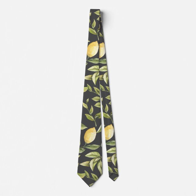 Lemons | Grey  Watercolor botanical pattern Tie (Front)