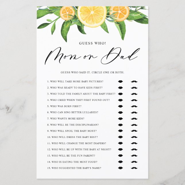 Lemons Guess Who Mom or Dad Baby Shower Game (Front)