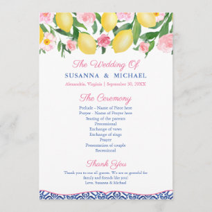 Lemons Hot Pink Amalfi Italian Blue Tiles Wedding Program
