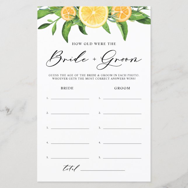 Lemons How Old Was the Bride and Groom Game (Front)