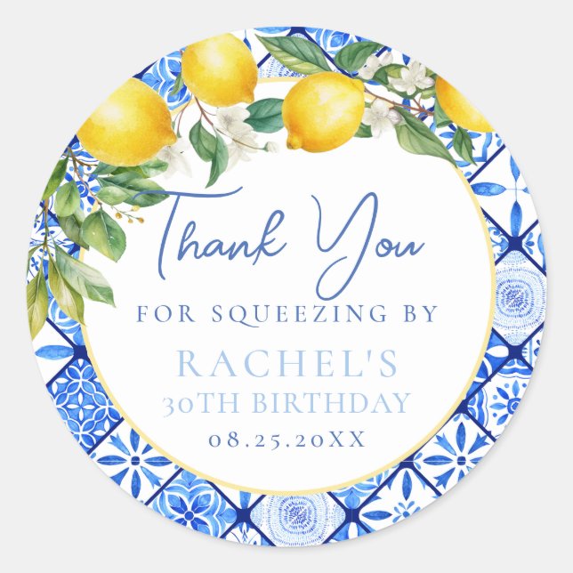 Lemons Italian Blue Tiles Birthday Thank You  Classic Round Sticker (Front)