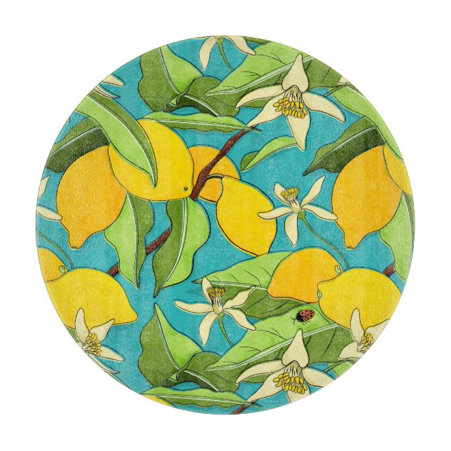 Lemons, Ladybugs, Blossoms on Teal Background Cutting Board (Front)