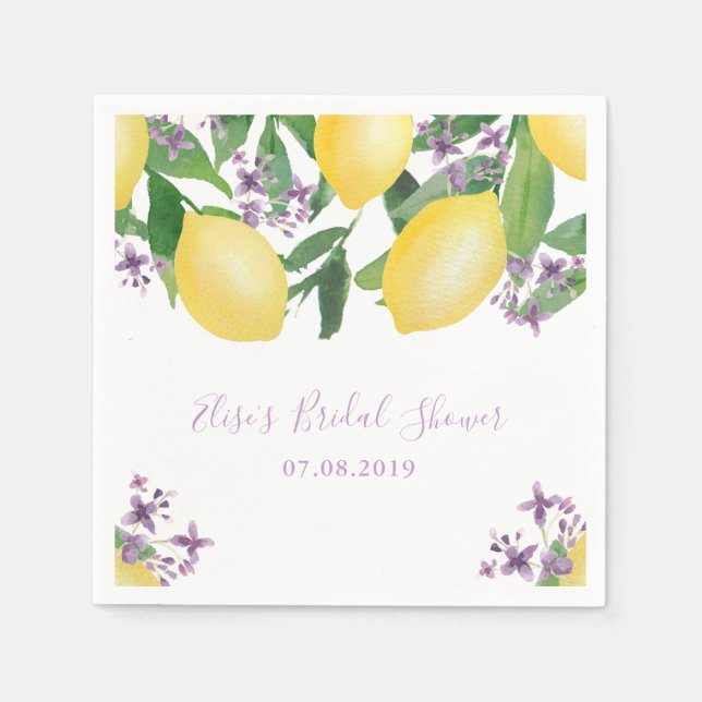 Lemons Lavender Purple Flowers Bridal Shower Party Napkin (Front)