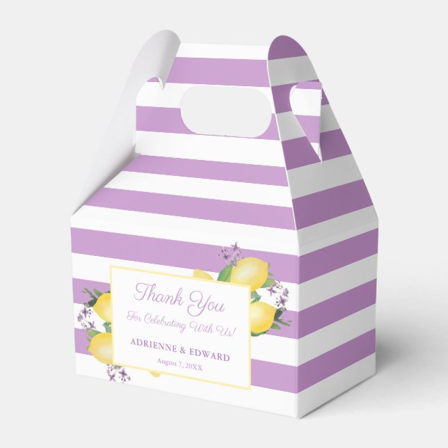 Lemons Lavender Purple Stripes Wedding Shower Favor Box (Front Side)