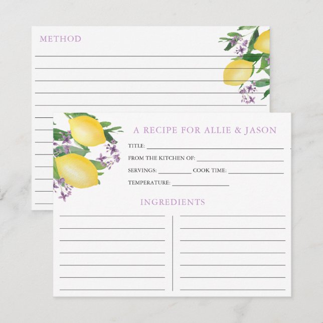 Lemons Lavender Recipe Card With Couple Names (Front/Back)
