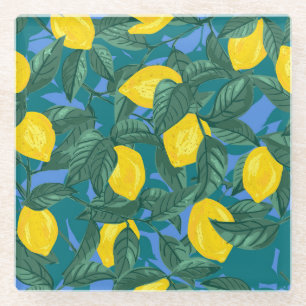Lemons, leaves: citrus tropical pattern. glass coaster