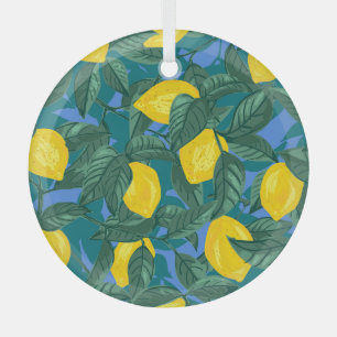 Lemons, leaves: citrus tropical pattern. glass ornament