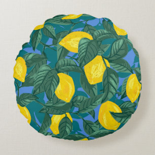 Lemons, leaves: citrus tropical pattern. round pillow